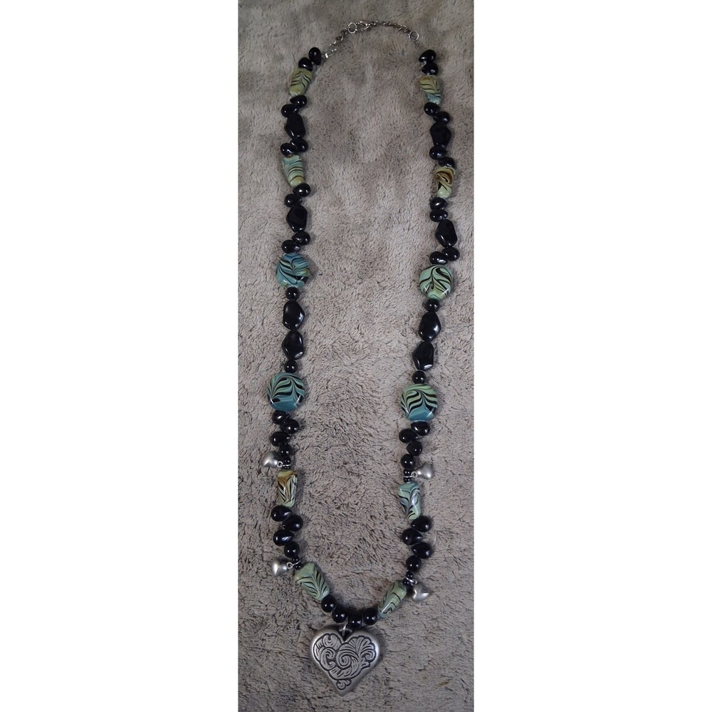 Artisan Lampwork Glass Bead Necklace Filigree Heart Pendant‎ Western Boho